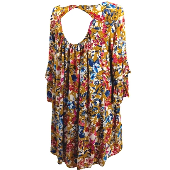 VICI ENTRO Tropical Vibe Cut Out Back Floral Print Tiered Sleeve Tunic Dress L - Picture 8 of 16